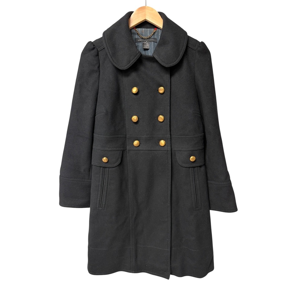 Marc by Marc Jacobs Coat Womens Black Virgin Wool Double Breasted Peter Pan Gold